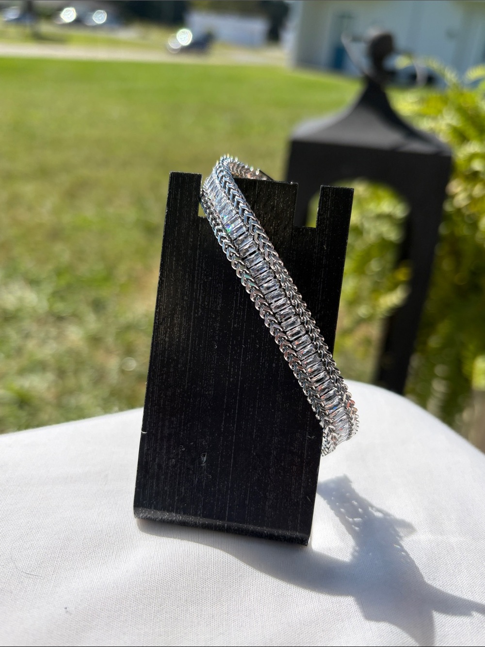 Polished Silver simulated CZ Braided Bracelet